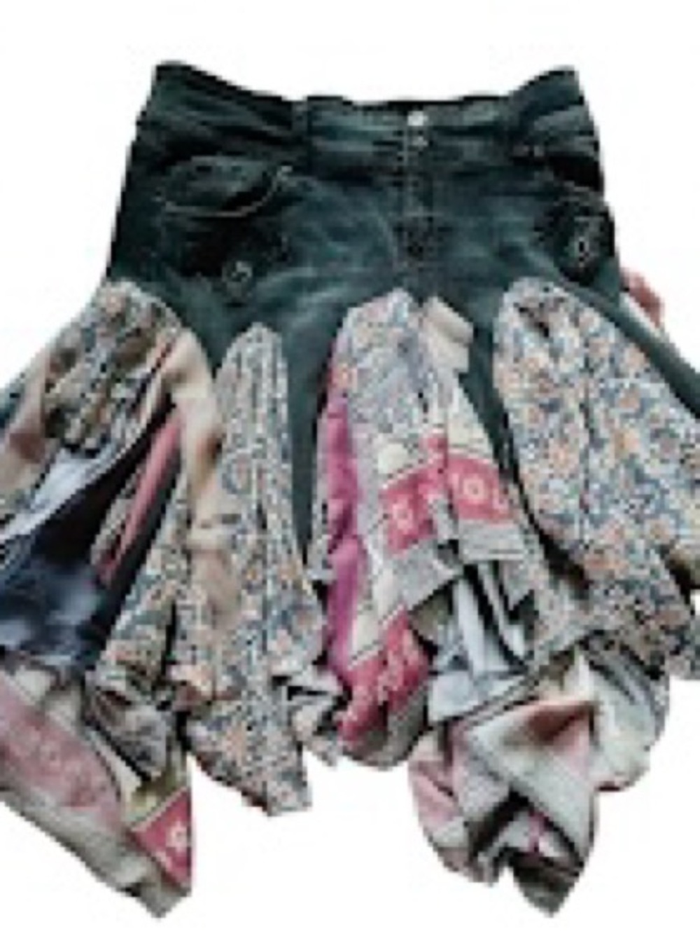 Boho Patchwork Asymmetrical Refashioned Skirt in black Denim and Pink